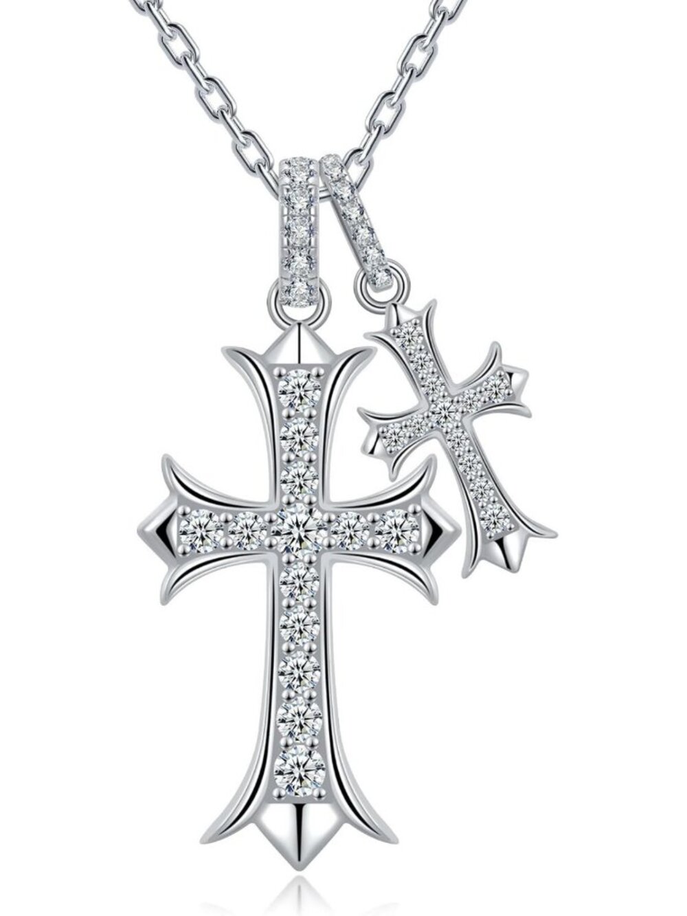 Elegant Moissanite Cross Necklace in Sterling Silver with Crown Detail for Women